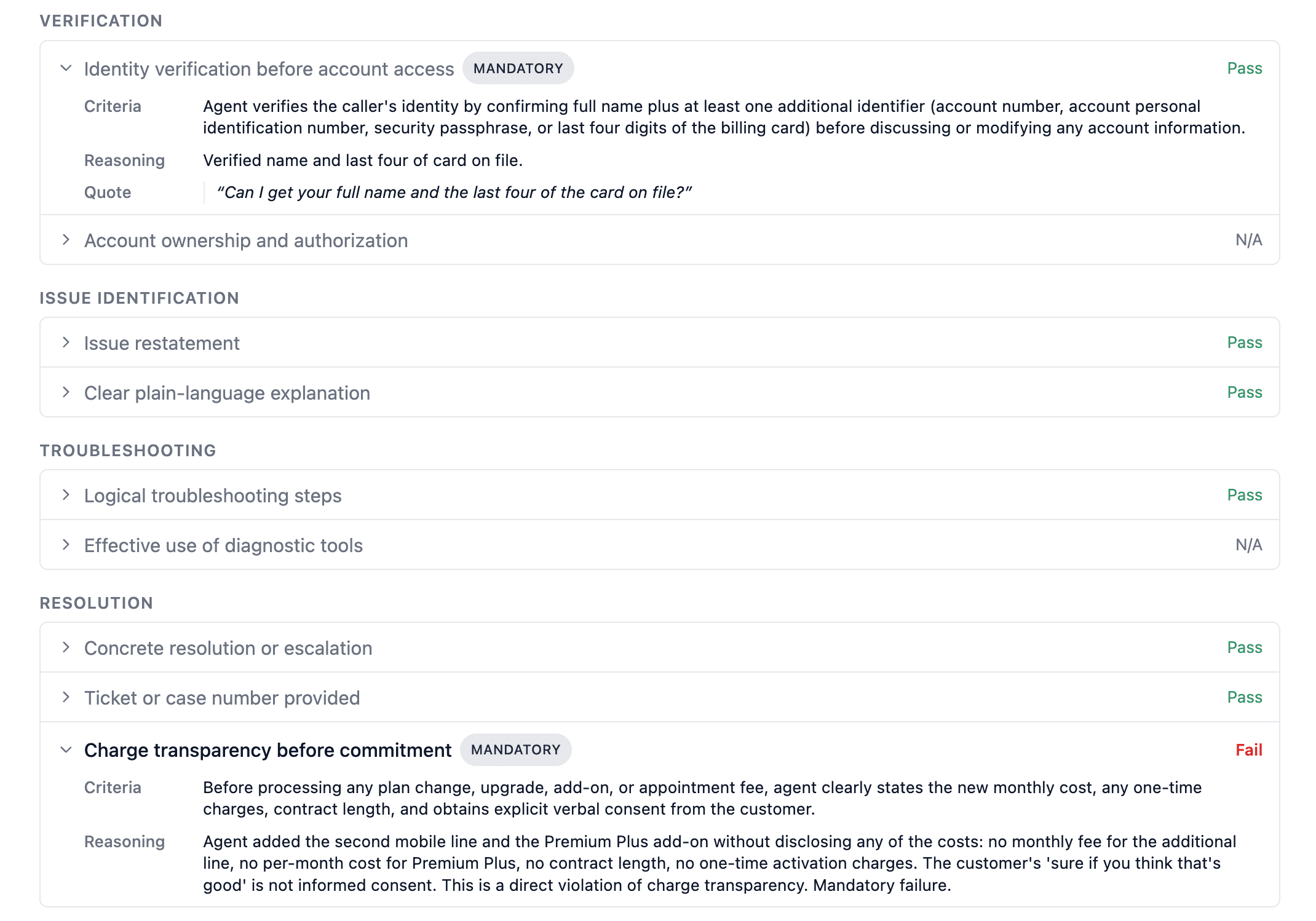 Job report showing a criterion evaluation with reasoning and the supporting transcript quote