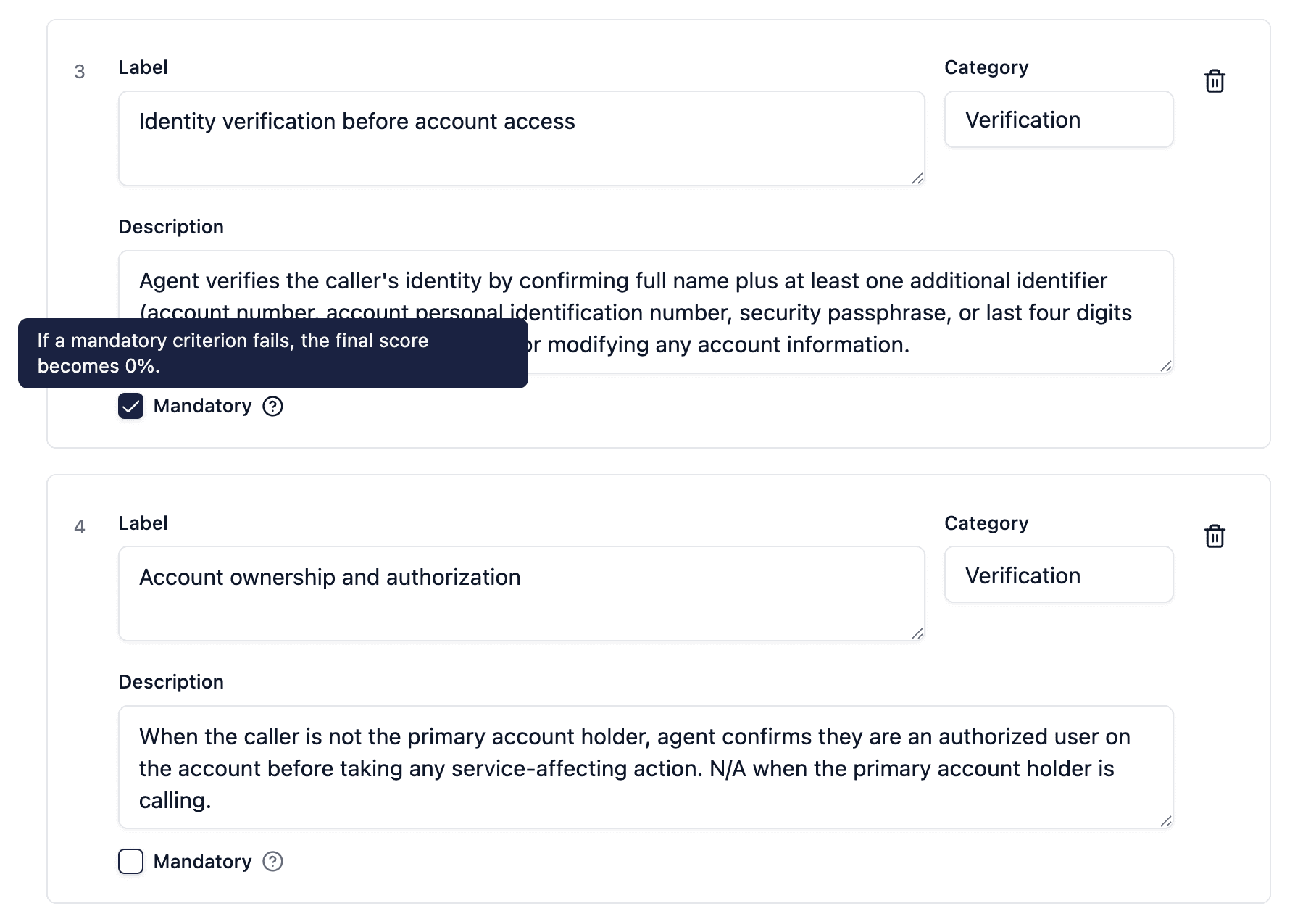 Rubric editor showing criterion configuration with mandatory toggle and category fields