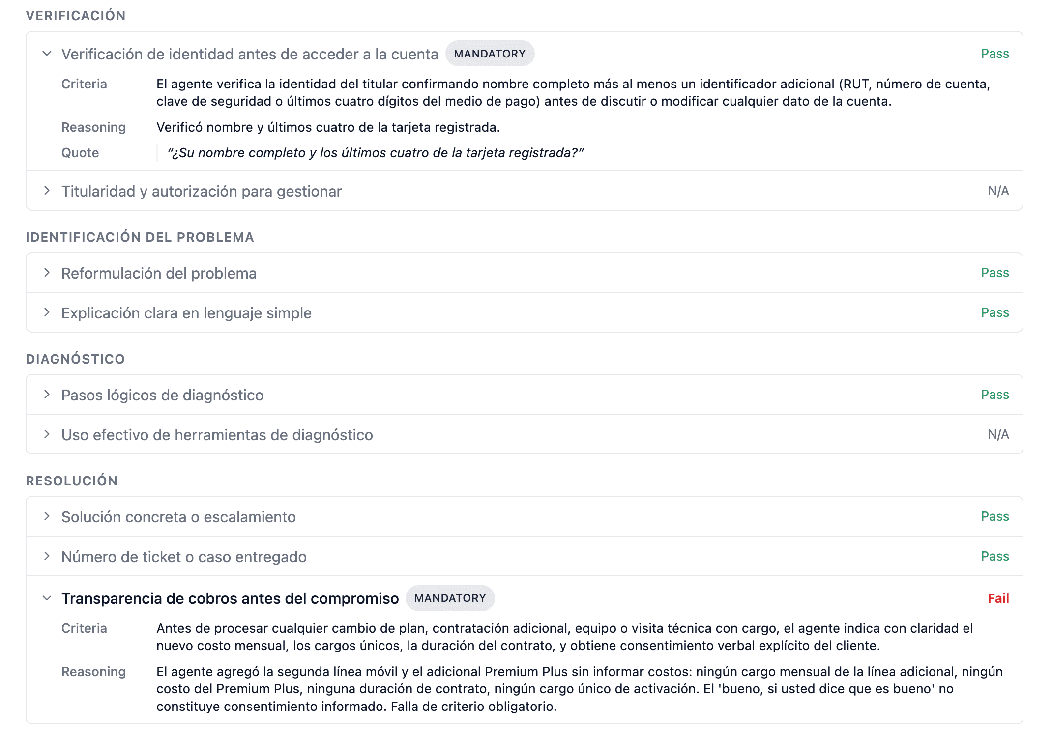 Informe de llamada mostrando la evaluación de un criterio con su justificación y la cita del transcript que lo respalda